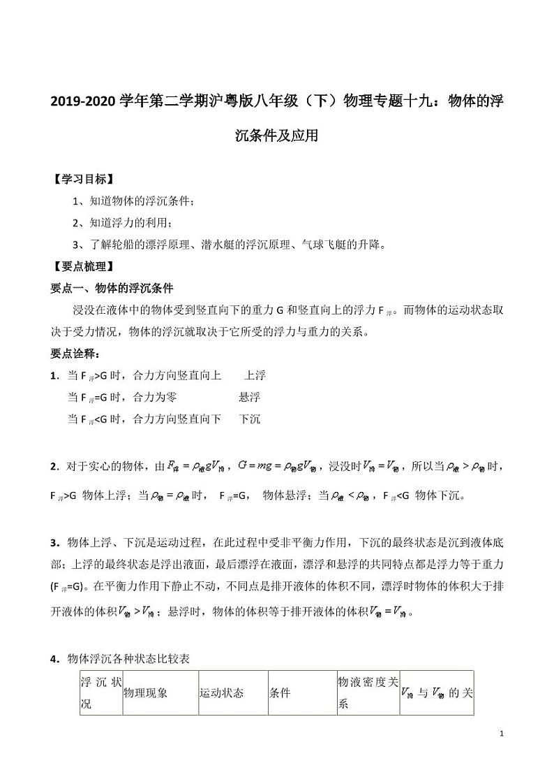 2019-2020学年八年级物理下册专题十九物体的浮沉条件及应用知识点总结及习题精练（pdf，含解析）粤教沪版第1页