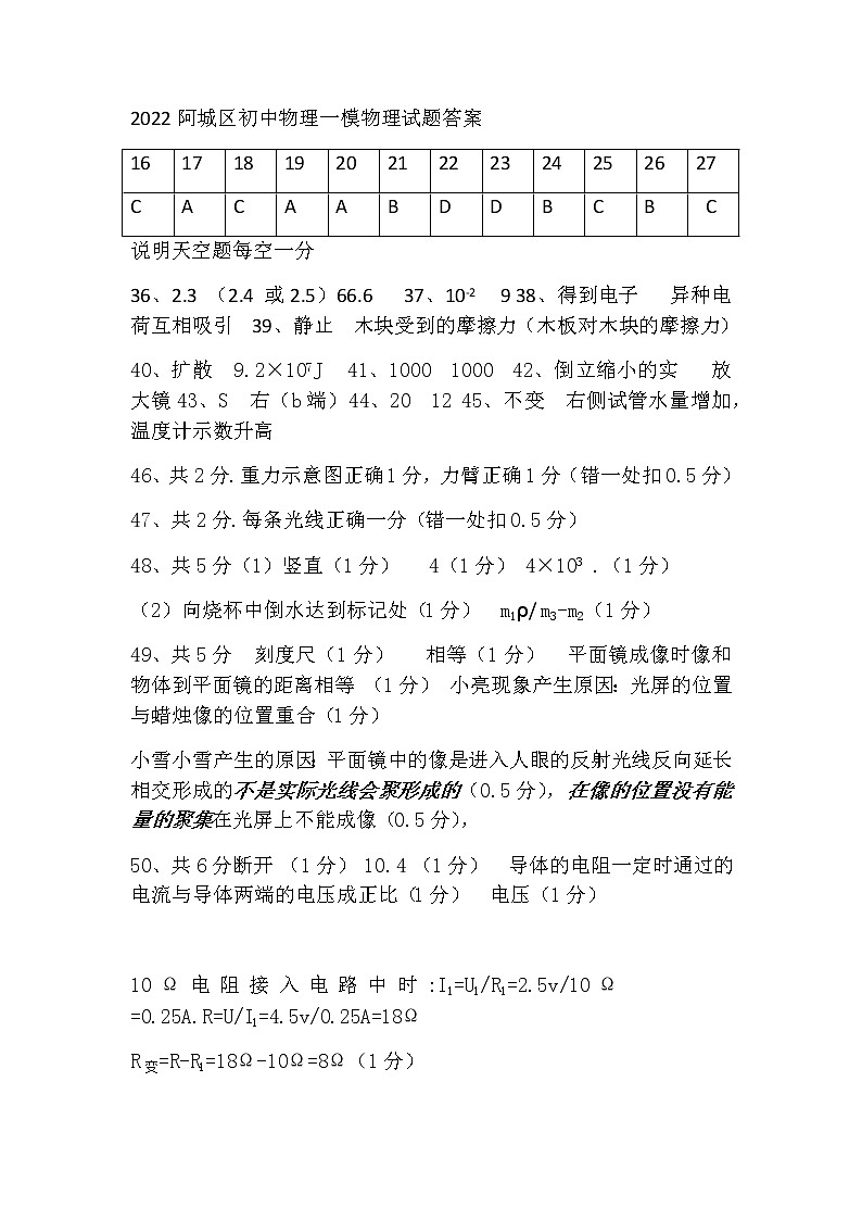 2022阿城区初中物理一模物理试题答案第1页