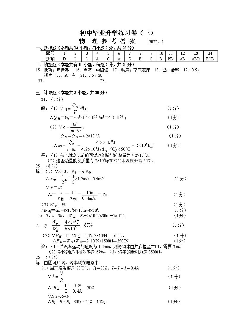 2022年辽宁省大连市中考模拟（三）物理试题（有答案）01