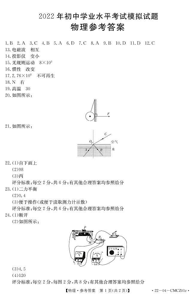 2022年四川省广元市苍溪县九年级学业水平考试模拟（一诊）物理试题01