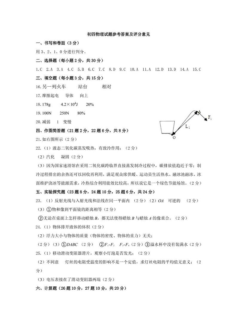 初四物理试题参考答案及评分意见第1页