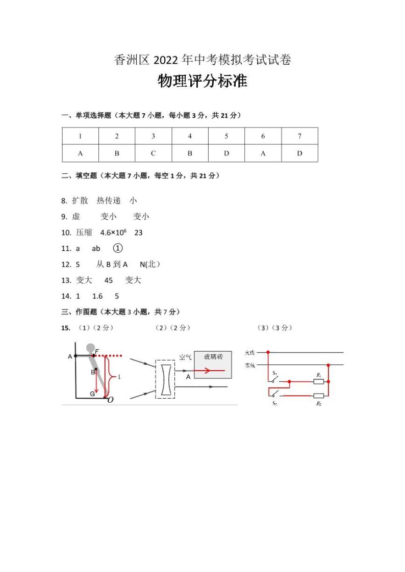 2022年广东省珠海市香洲区中考模拟考试二模物理卷及答案（图片版）01