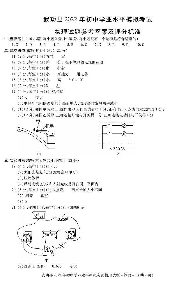 2022年陕西省咸阳市武功县初中学业水平考试模拟考试物理卷（答案）第1页