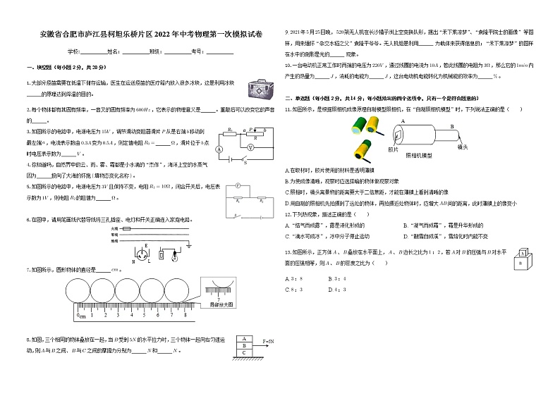 安徽省合肥市庐江县柯坦乐桥片区2022年中考物理第一次模拟试卷01