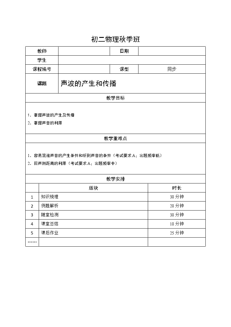 沪教版初中物理八年级专题复习知识点专练-03-声音的产生和传播教案第1页