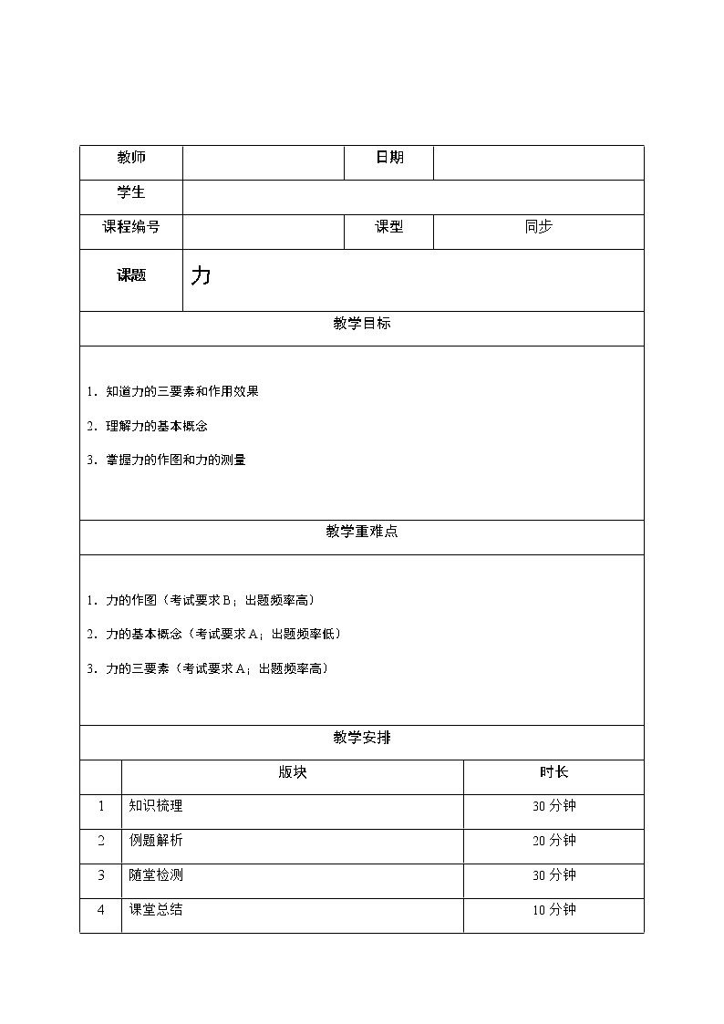 沪教版初中物理八年级专题复习知识点专练-15-力 学案02