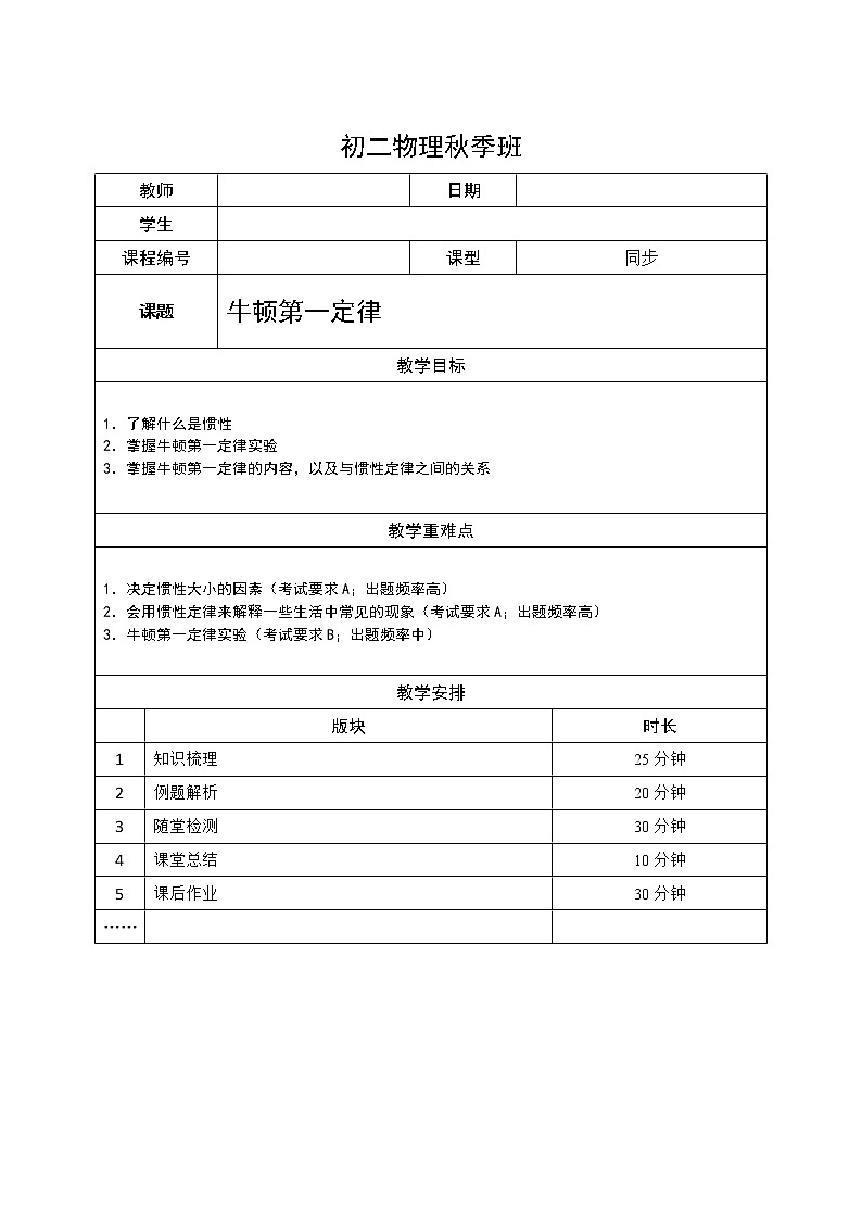 沪教版初中物理八年级专题复习知识点专练-19-牛顿第一定律学案01