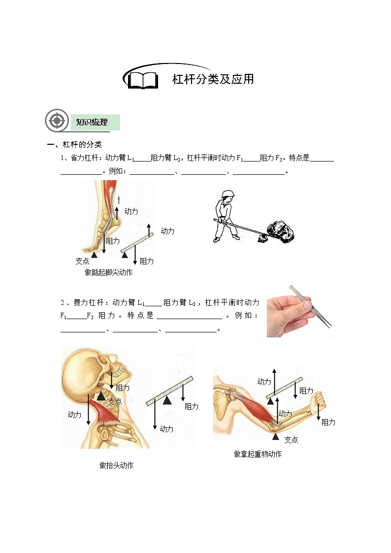 沪教版初中物理八年级下学期专题复习知识点专练-02-杠杆分类及应用学案02