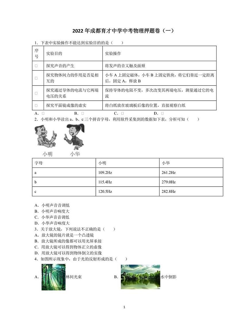 2022年四川省成都市育才中学中考物理押题卷一(含答案)01