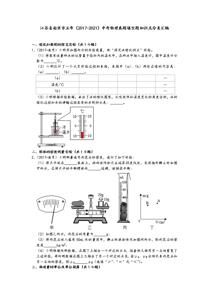 江苏省南京市五年（2017-2021）中考物理真题填空题知识点分类汇编01