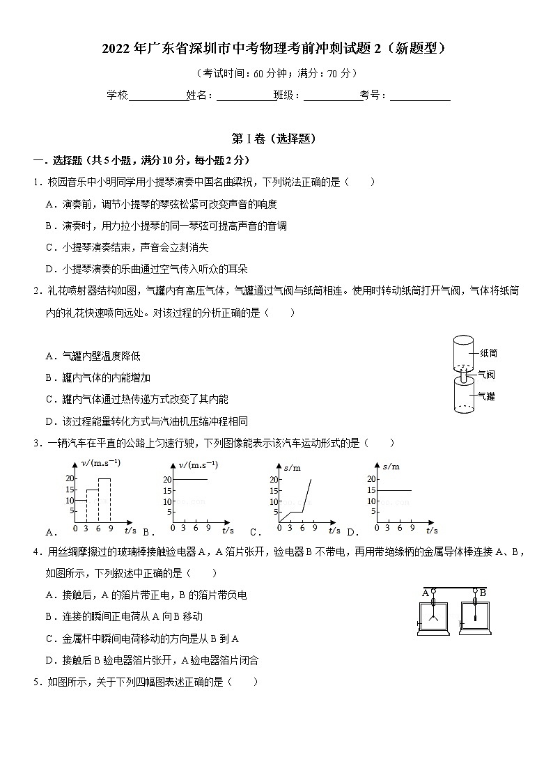 2022年广东省深圳市中考物理考前冲刺试题2（新题型）(word版含答案)第1页