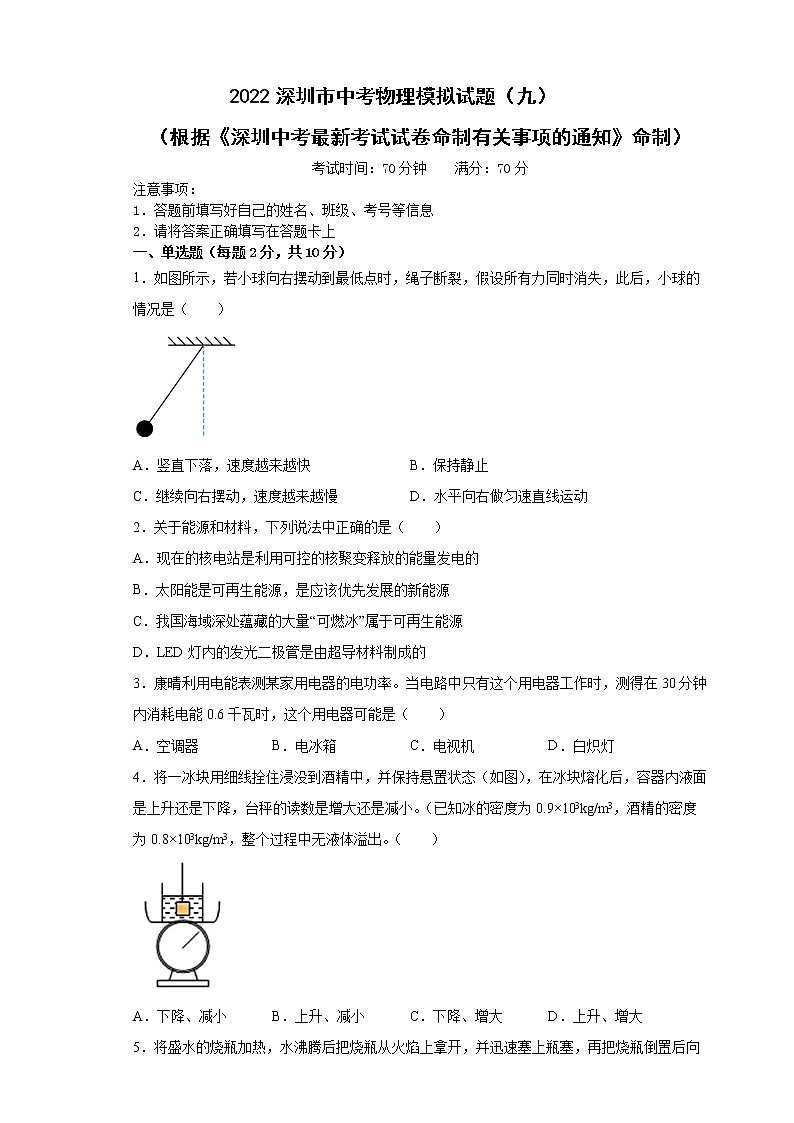 2022年广东省深圳市中考物理模拟试题（九） (word版含答案)第1页