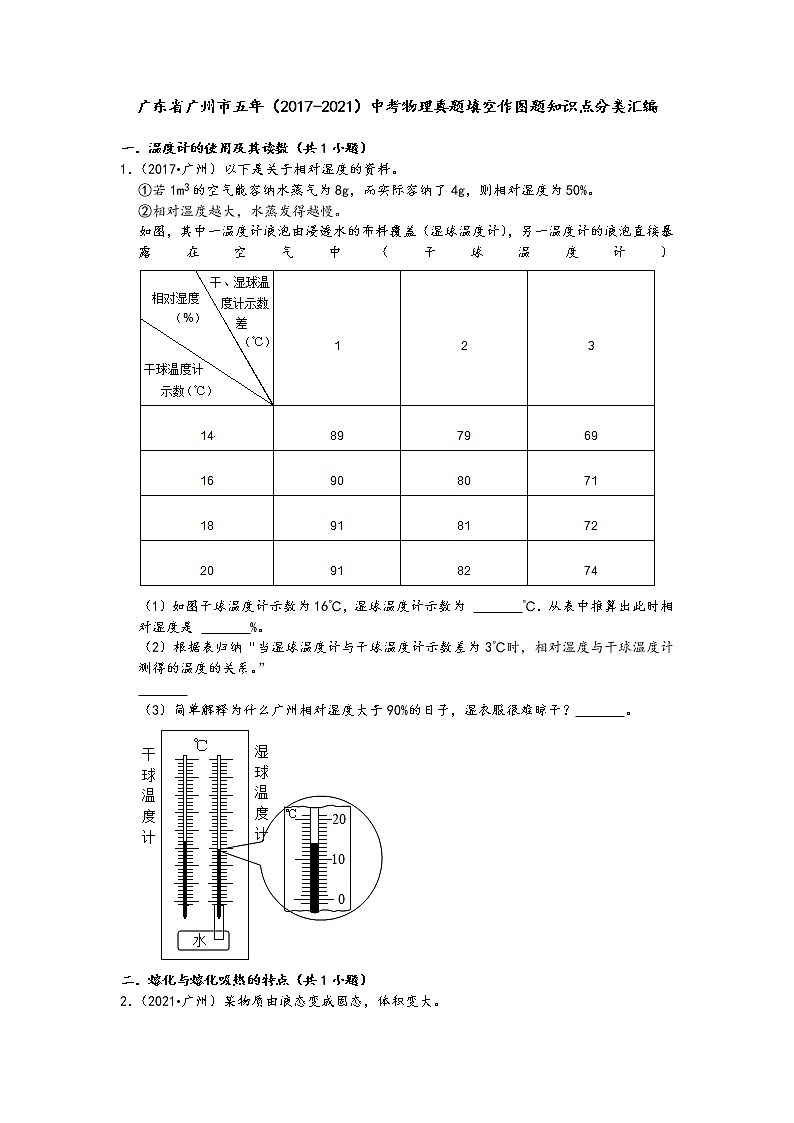 广东省广州市五年（2017-2021）中考物理真题填空作图题知识点分类汇编第1页