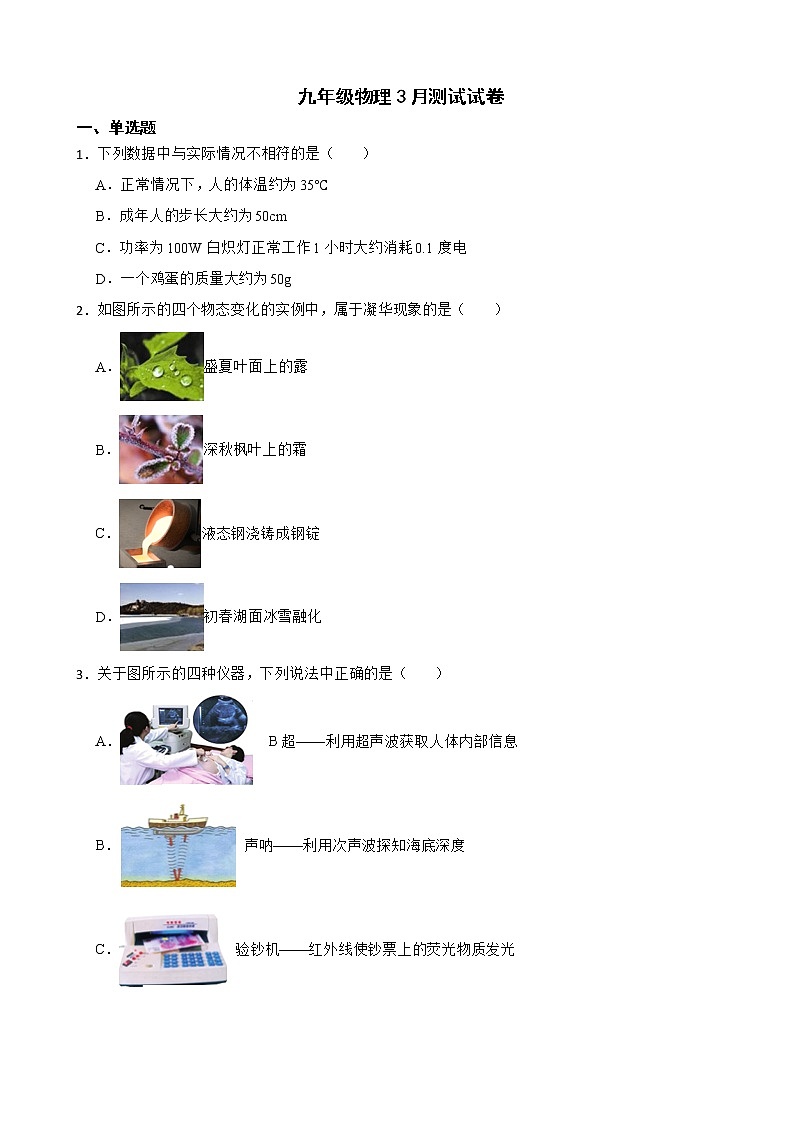 江苏省扬州市江都区八校九年级物理3月测试试卷及答案第1页