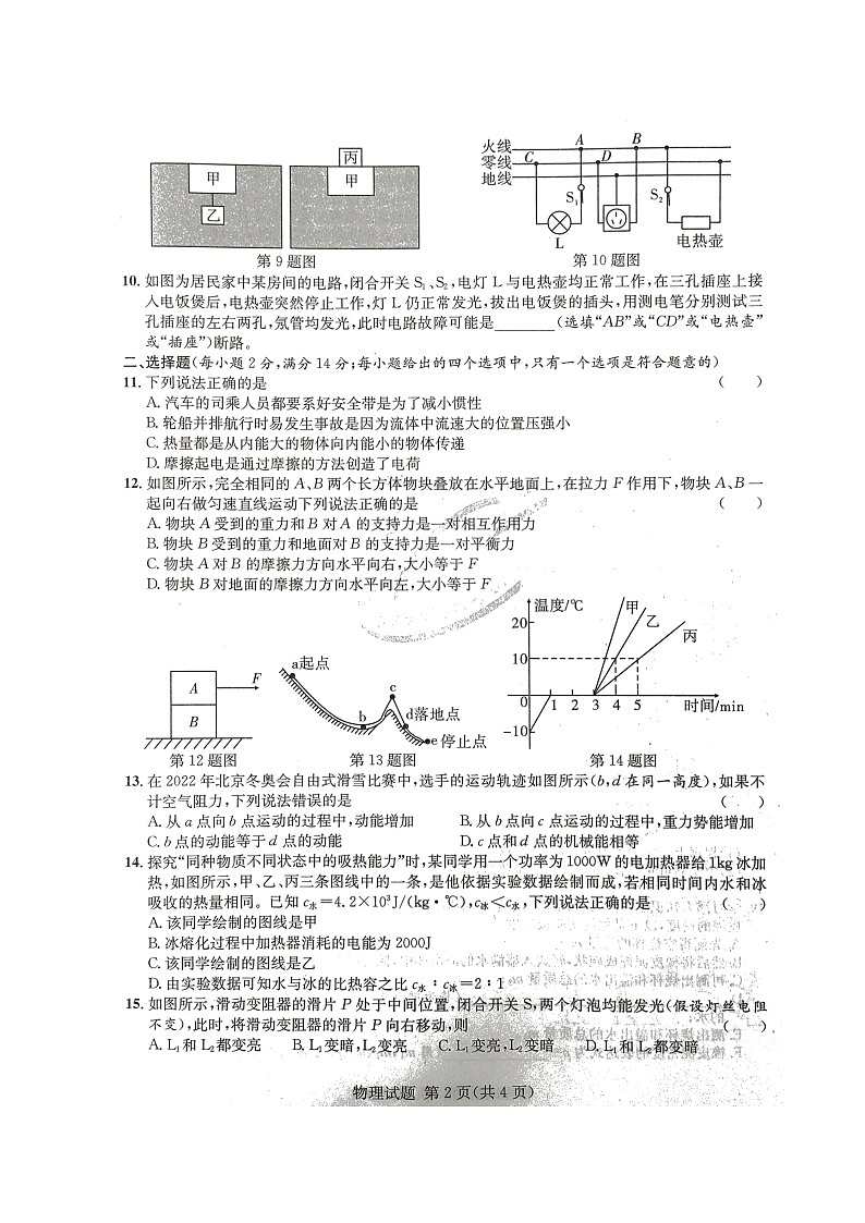 2022年安徽省C20教育联盟九年级第三次学业水平检测物理试题（无答案）02