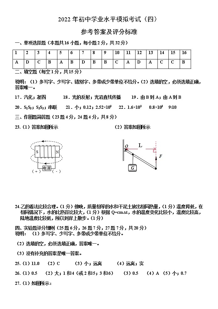 广西南宁市青秀区某校2021-2022学年九年级下学期学业水平考试模拟（四）物理试题（含答案）01