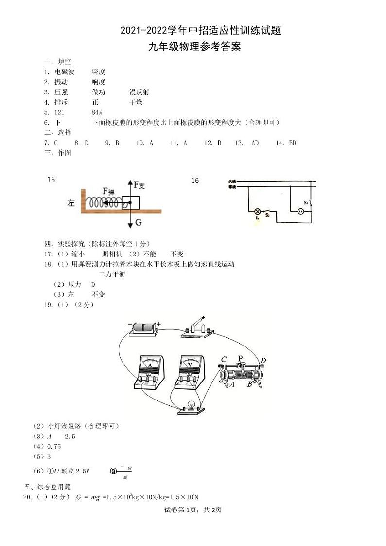 2022年河南省济源市九年级中招适应性训练（一模）物理试题（含答案）01