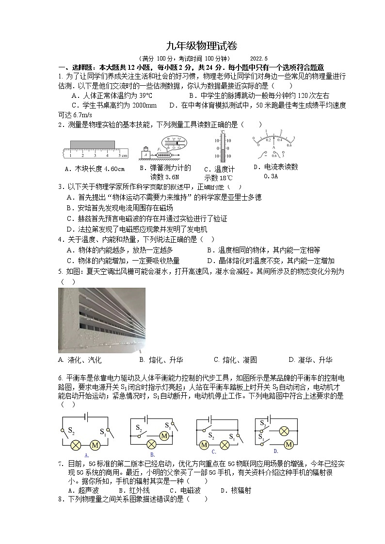 扬州市江都区邵樊片2022年中考二模物理试题（含答案）第1页