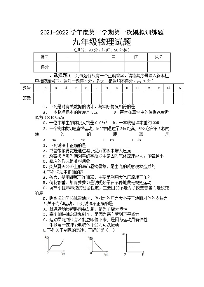 2022年山东省淄博市高青县中考一模物理卷及答案（文字版）01
