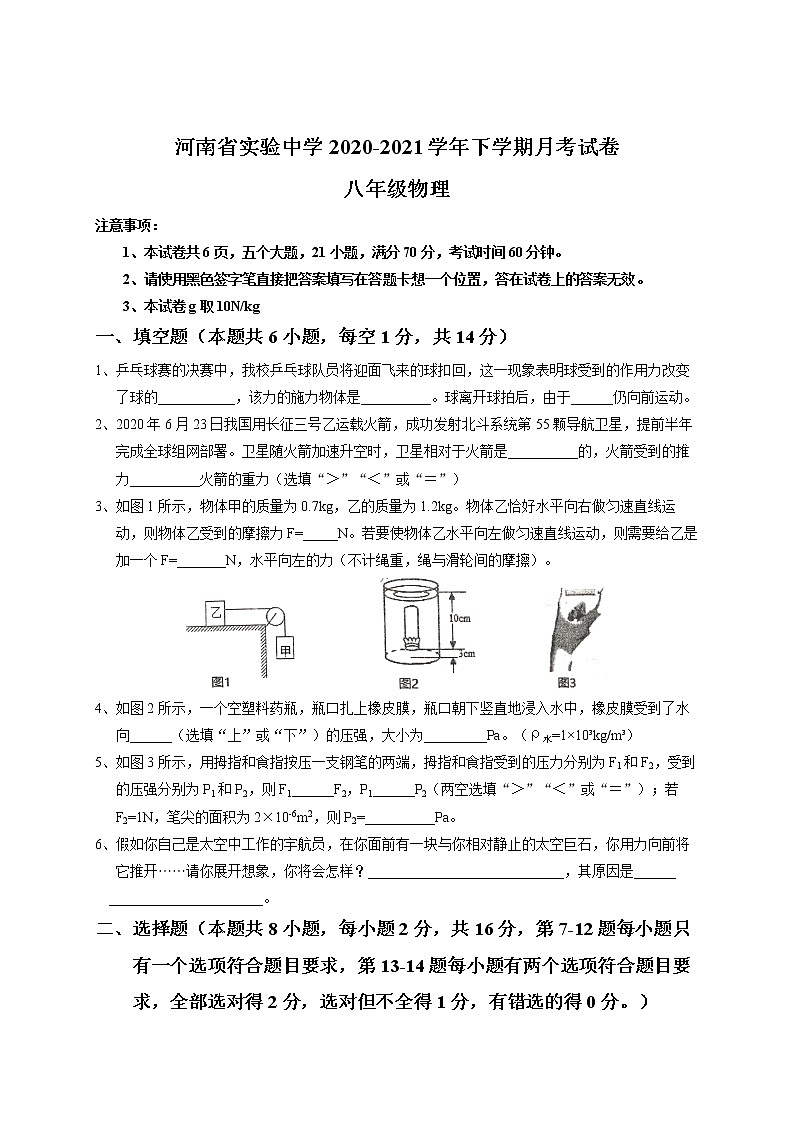河南省实验中学2020-2021学年八年级下学期物理月考试卷01