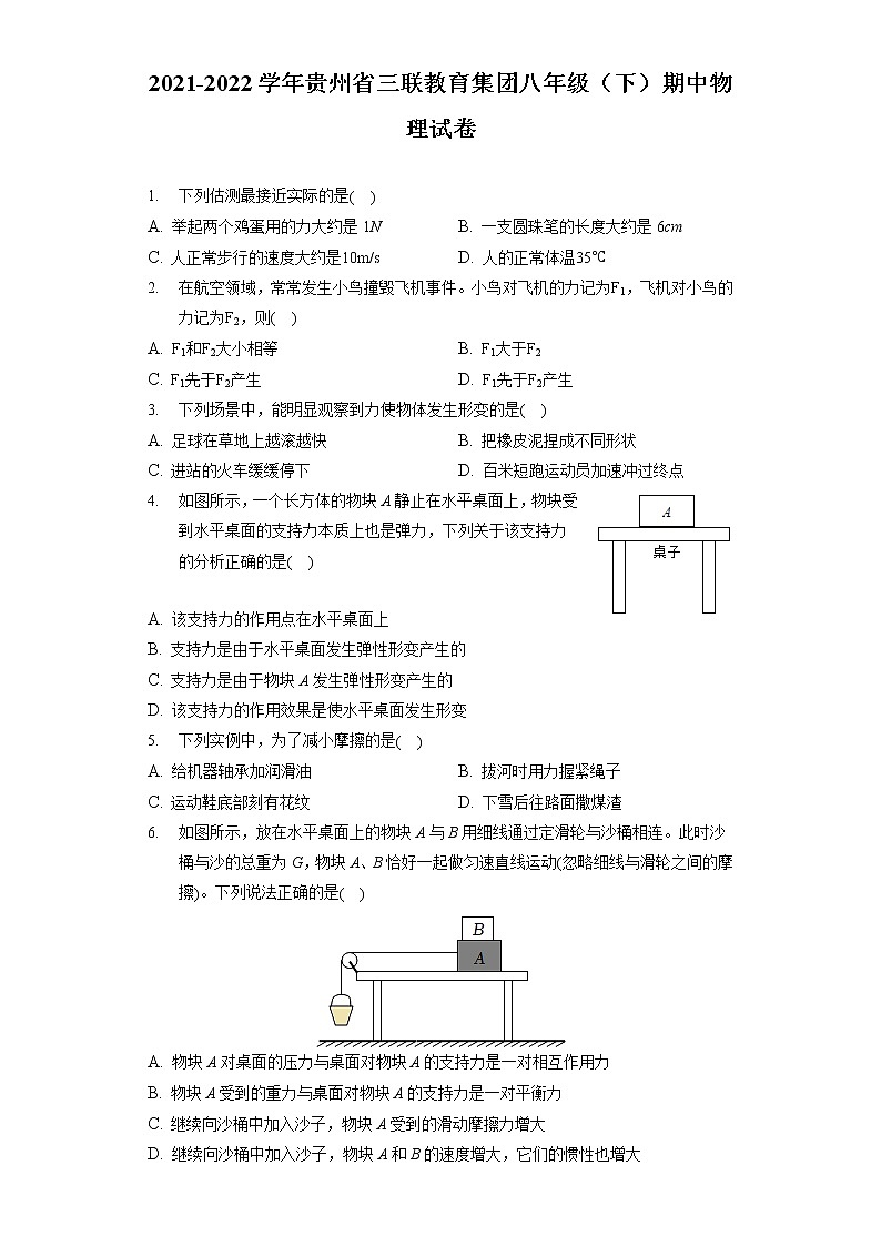 2021-2022学年贵州省三联教育集团八年级（下）期中物理试卷第1页