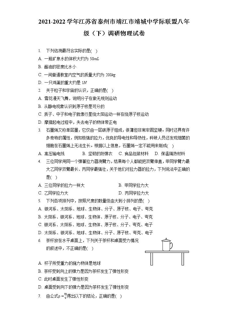 2021-2022学年江苏省泰州市靖江市靖城中学际联盟八年级（下）调研物理试卷第1页