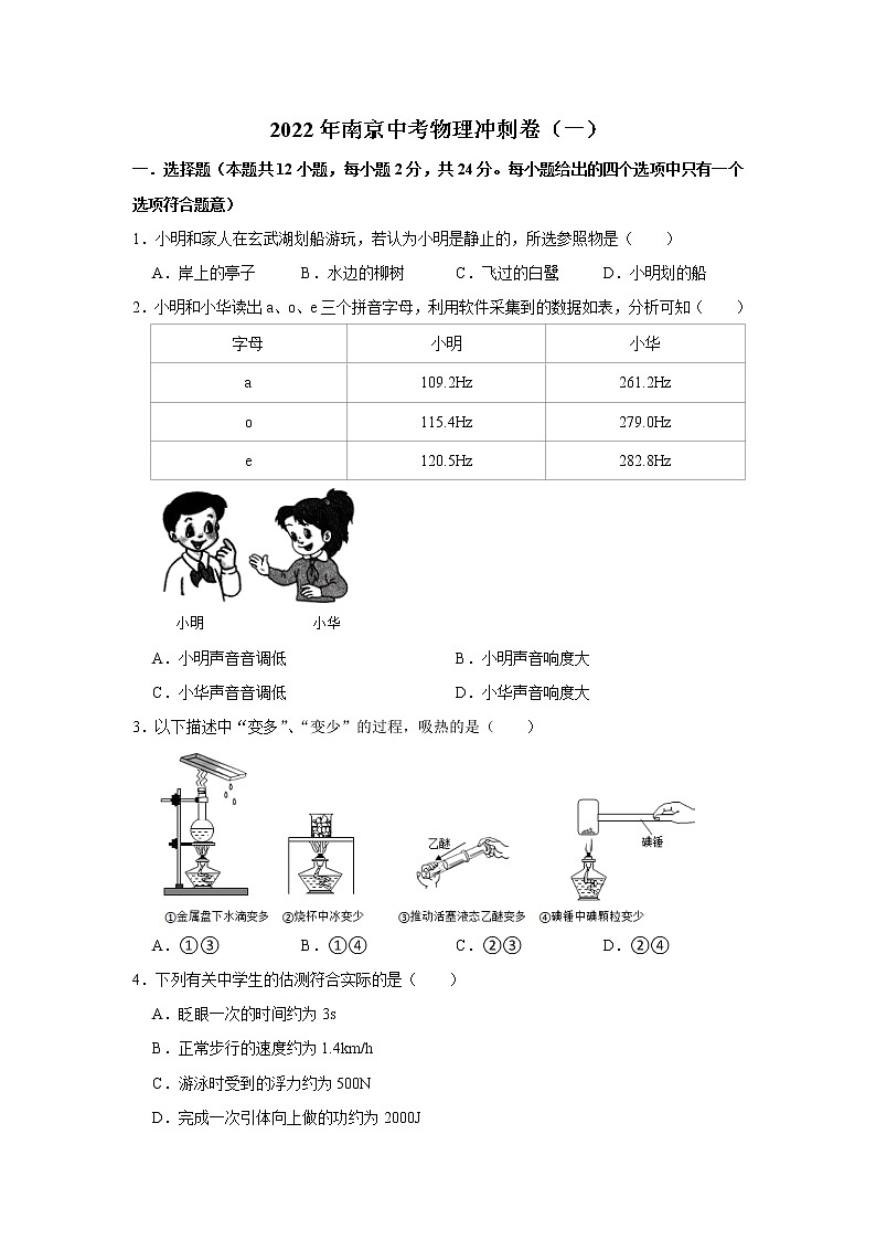 2022年江苏省南京中考物理冲刺卷（一）(word版含答案)第1页