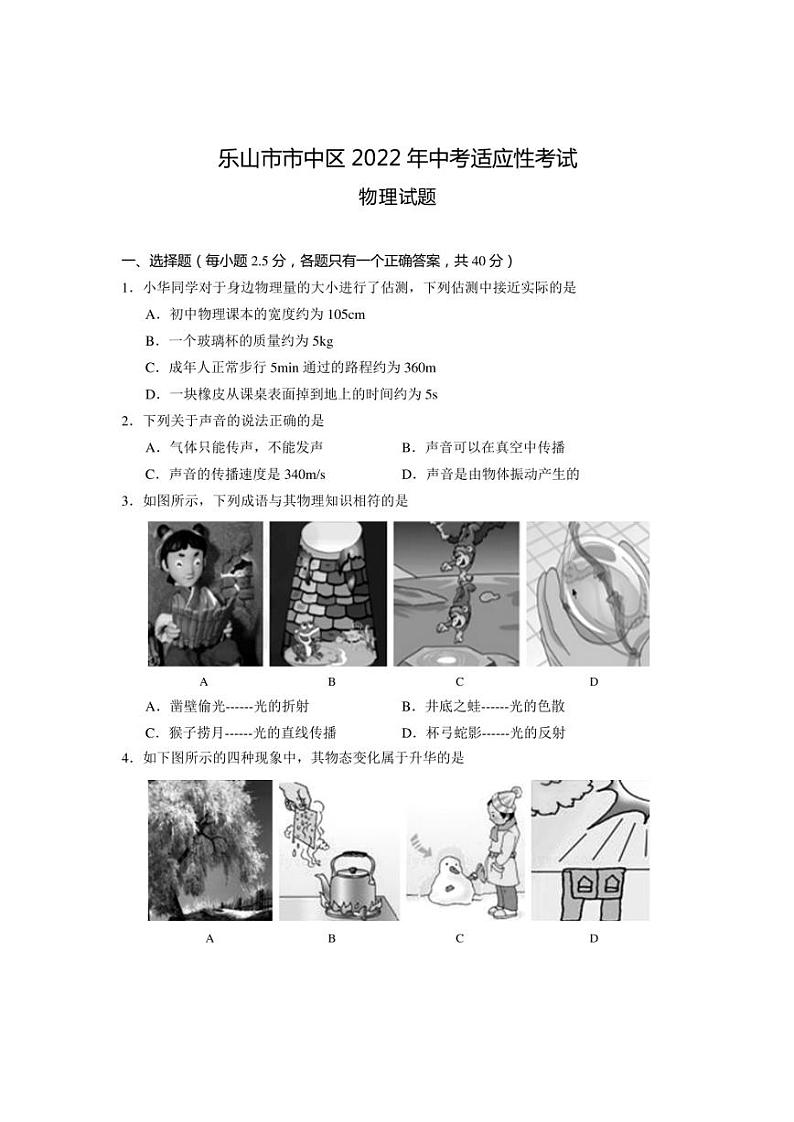 2022年四川省乐山市市中区中考适应性考试物理试题(word版含答案)第1页