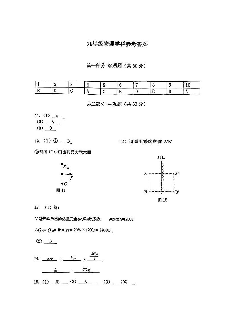 2022年广州市越秀区中考一模物理（答案）第1页