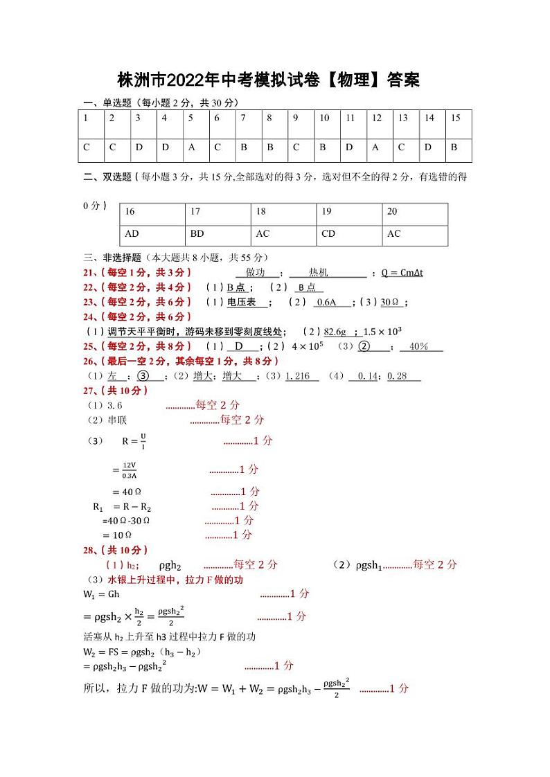 2022年湖南省株洲市中考（最后一次）模拟物理试题（含答案）01