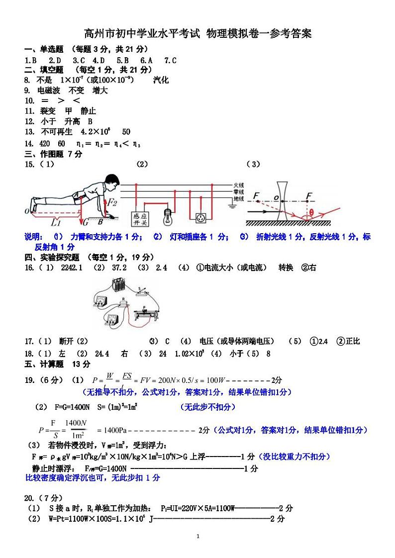2022年广东省高州市初中学业水平模拟一模物理卷及答案（文字版）01