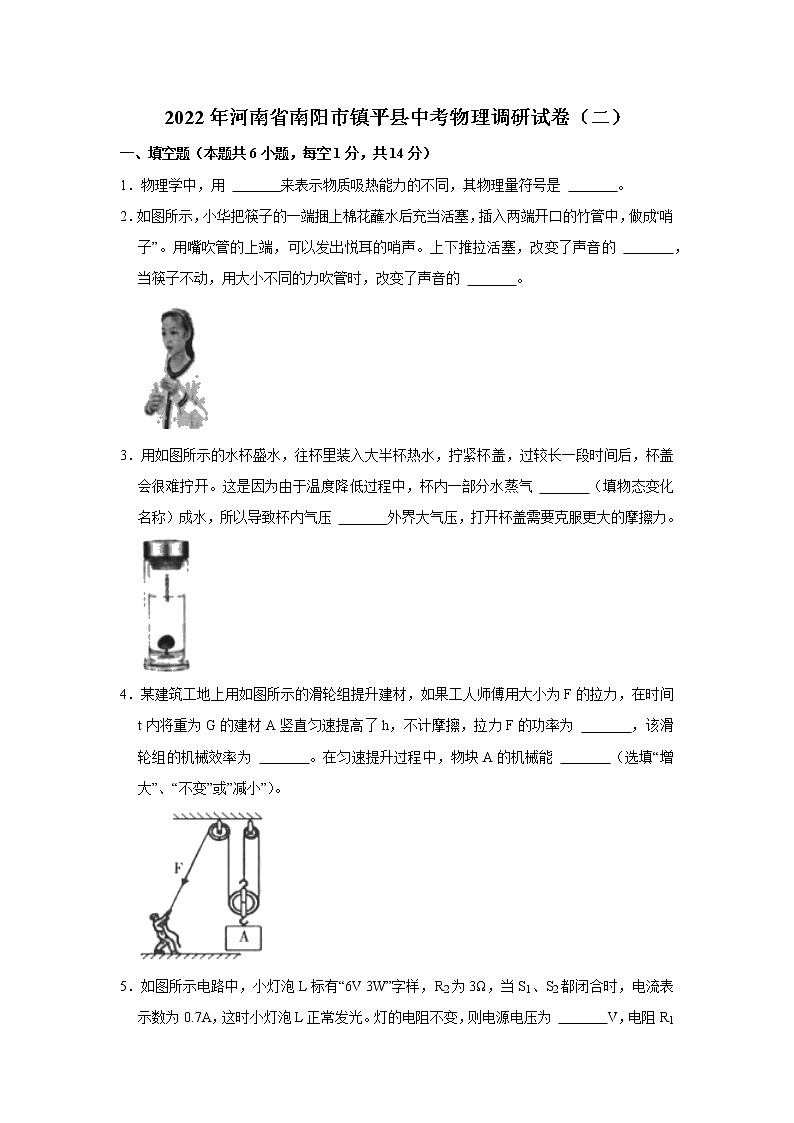 2022年河南省南阳市镇平县中考物理调研试卷（二） (word版无答案)第1页