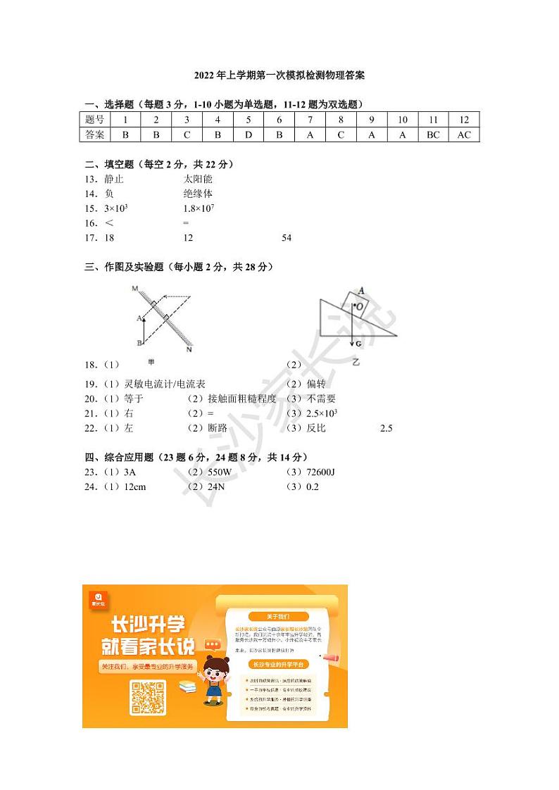 【物理答案】2022年5月底雅礼集团初三下期模考物理答案第1页