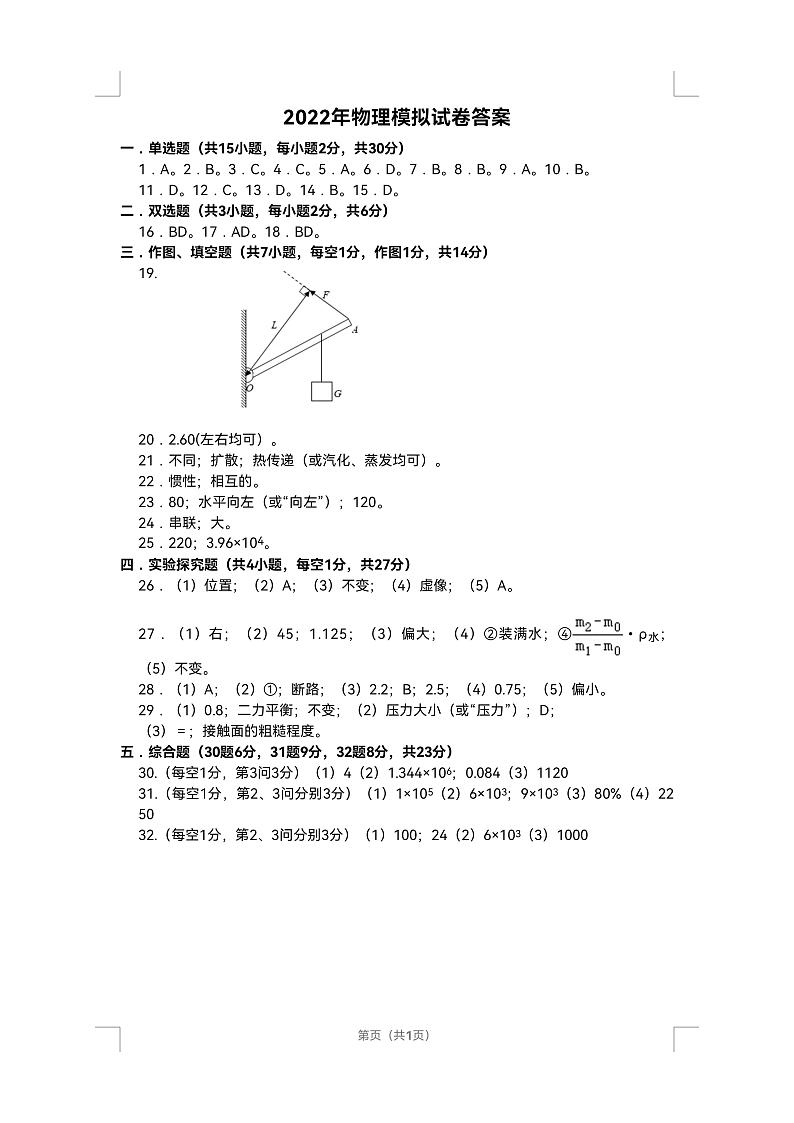 2022年湖南省湘潭市湘潭县初中学业水平模拟考试物理试题（含答案）01