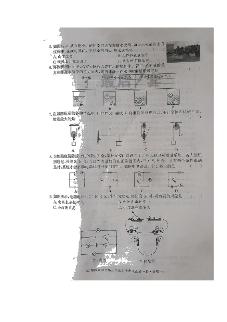 2022年湖南省邵阳市部分校初中学业水平考试（最后模拟）物理试题（含答案）第2页