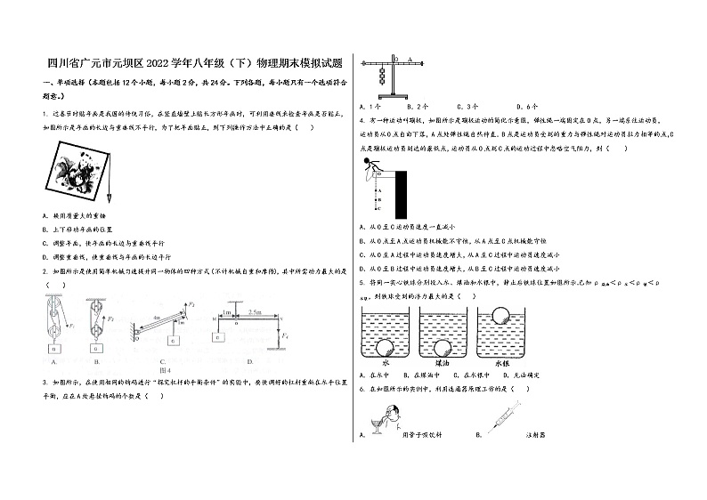 四川省广元市元坝区2022学年八年级（下）物理期末模拟试题第1页