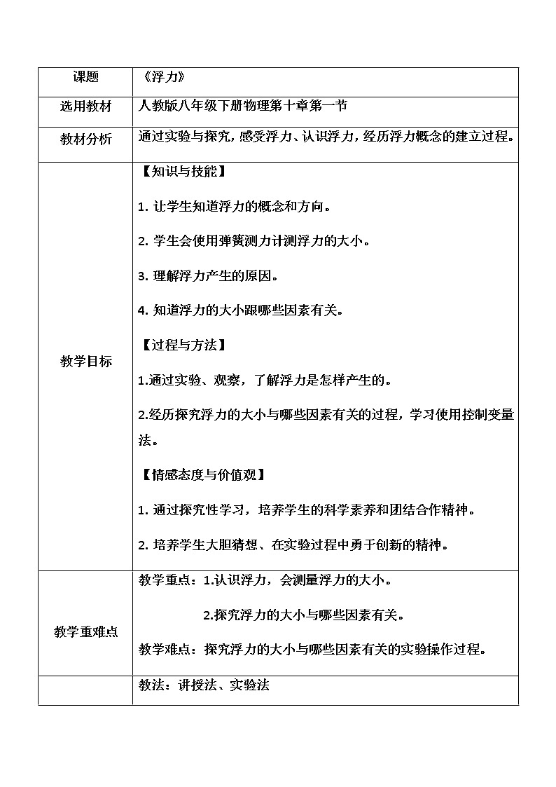 第十章第一节浮力  2021-2022学年人教版物理八年级下册教案（表格式）第1页