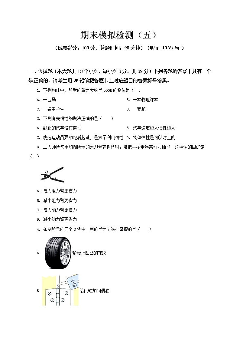 期末模拟检测（五）2021-2022学年八年级物理下册期末复习必刷卷（人教版）（考试版）第1页
