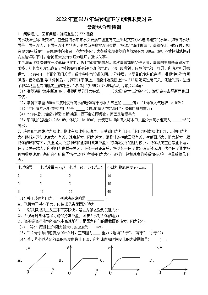 2022年江苏省宜兴八年级物理下学期期末复习卷最新综合题特训（含答案）第1页