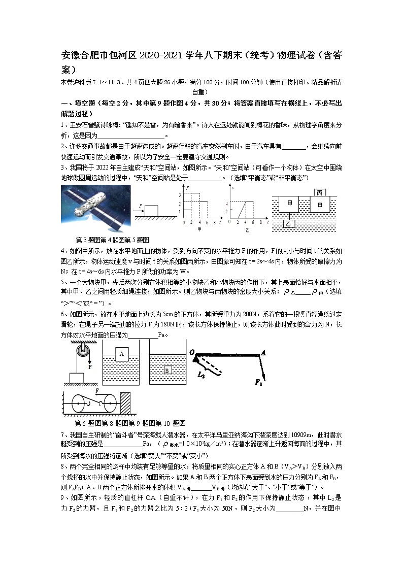 安徽省合肥市包河区2020-2021学年八年级下学期期末物理试卷（无答案）01