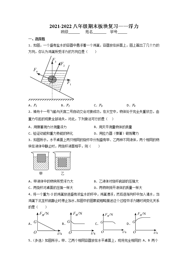 2021-2022学年下学期八年级物理期末板块复习——浮力（无答案） 试卷01
