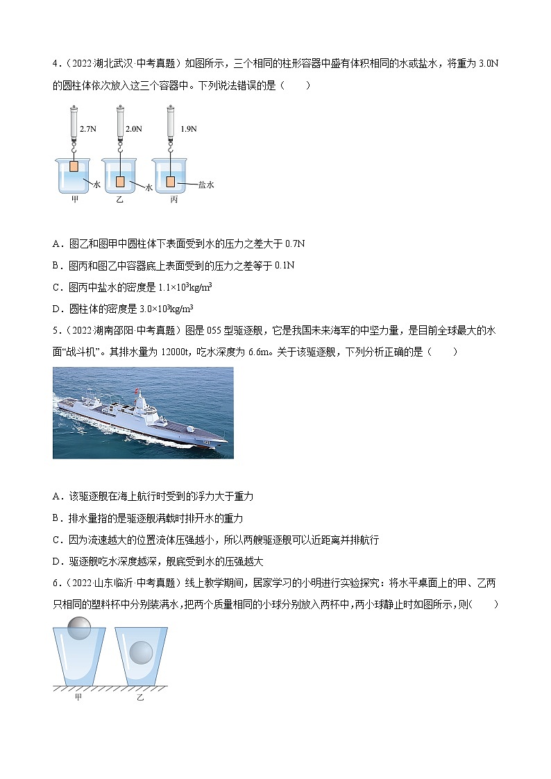 2022年全国各地中考物理真题汇编 —— 专题07 浮力02