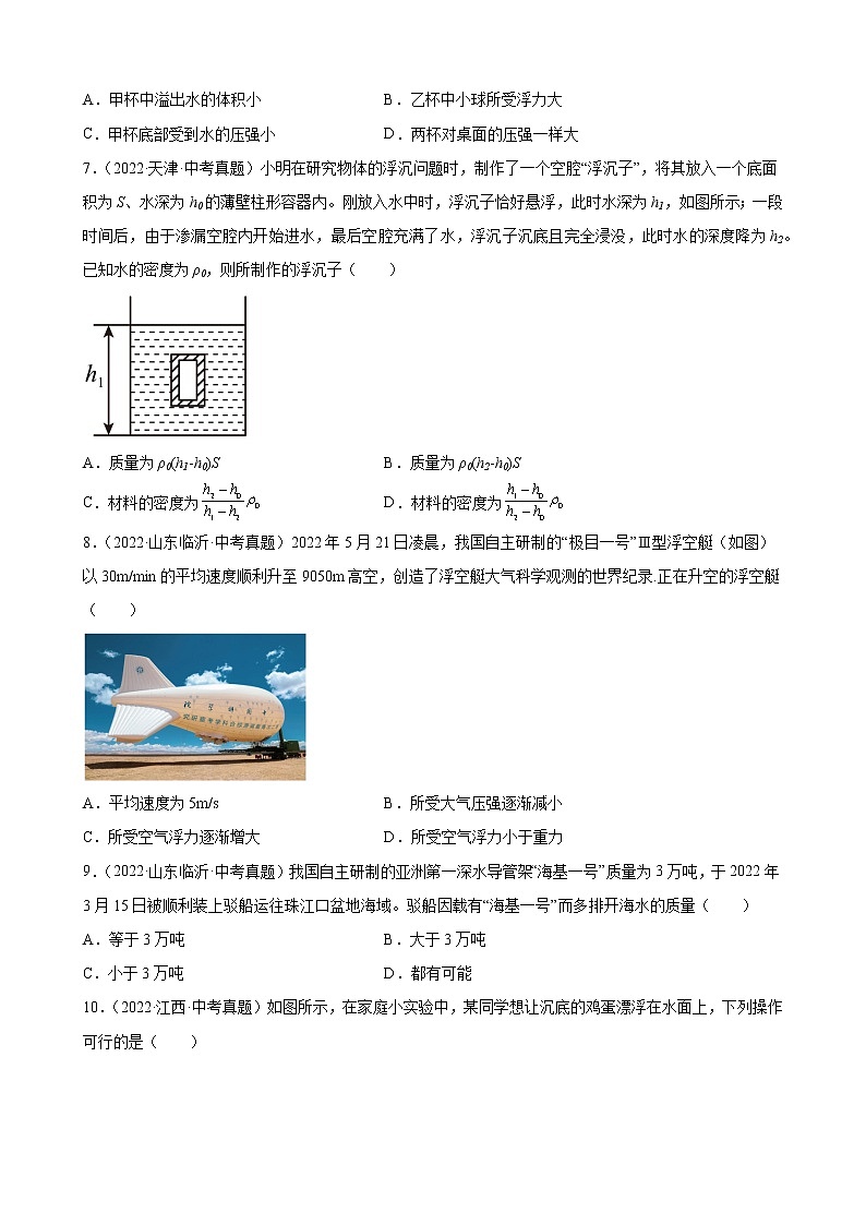 2022年全国各地中考物理真题汇编 —— 专题07 浮力03