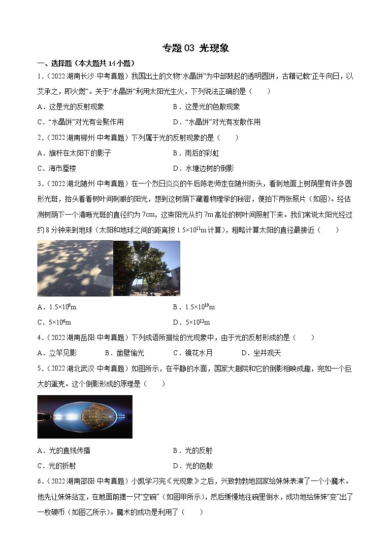2022年全国各地中考物理真题汇编——专题03 光现象第1页