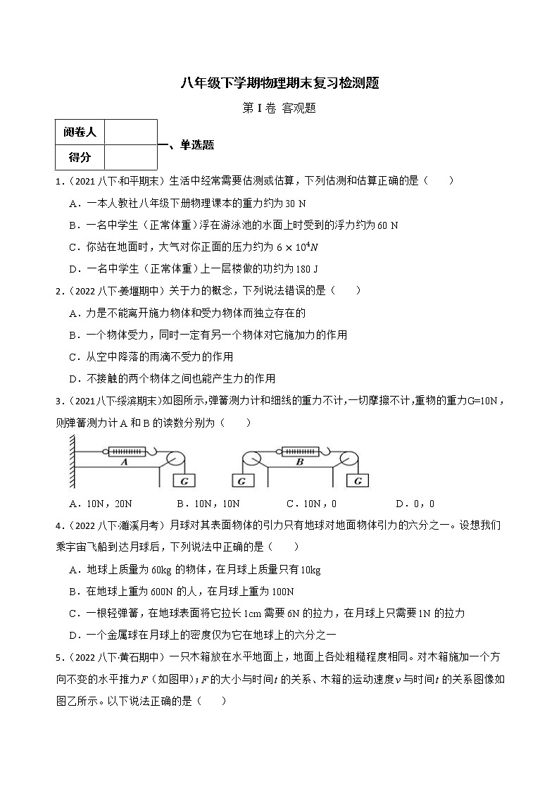2021-2022学年人教版物理八年级下学期期末复习检测题(word版含答案)第1页