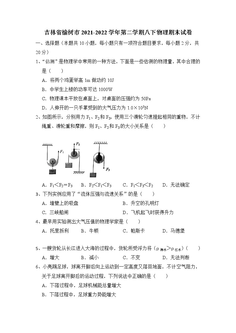 2021-2022学年吉林省榆树市八年级下学期物理期末试卷（无答案）01