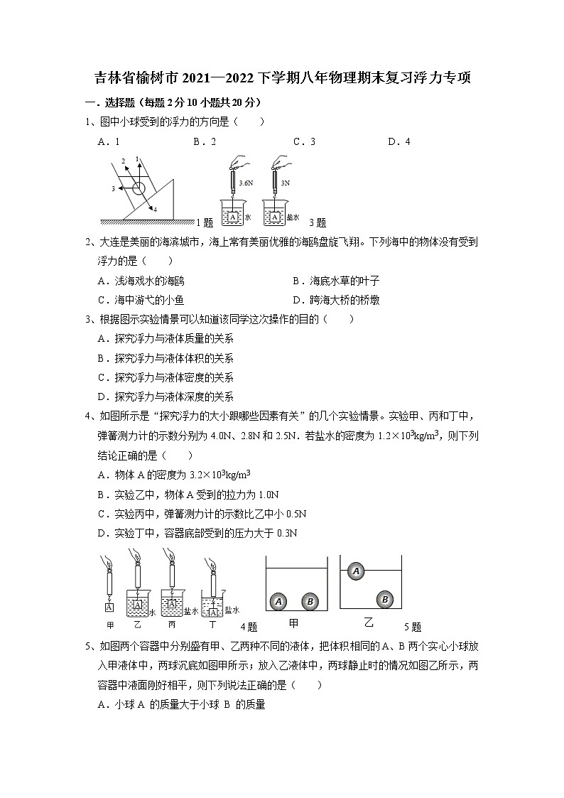 2021-2022学年吉林省榆树市八年级下学期物理期末复习浮力专项试卷（无答案）01