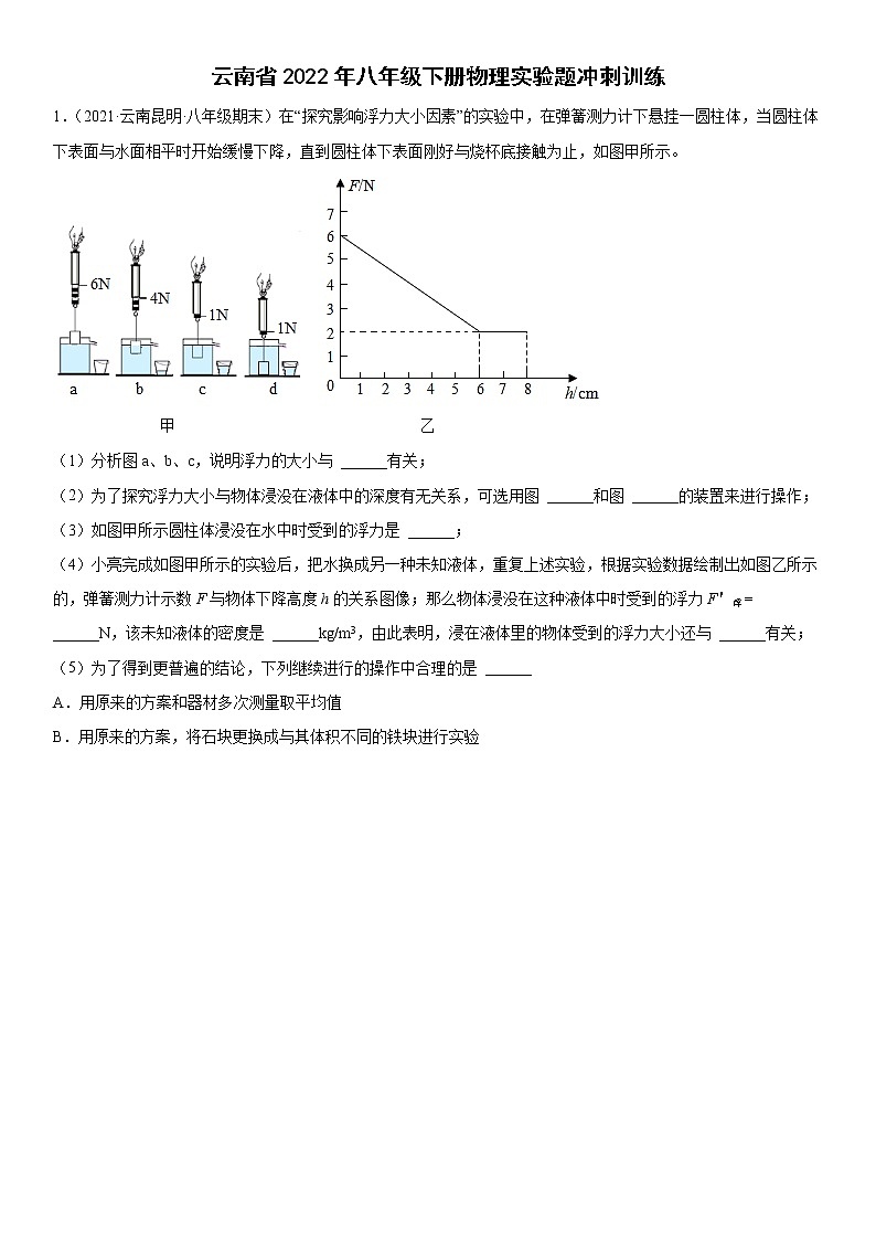云南省2022年八年级下册物理实验题冲刺训练第1页