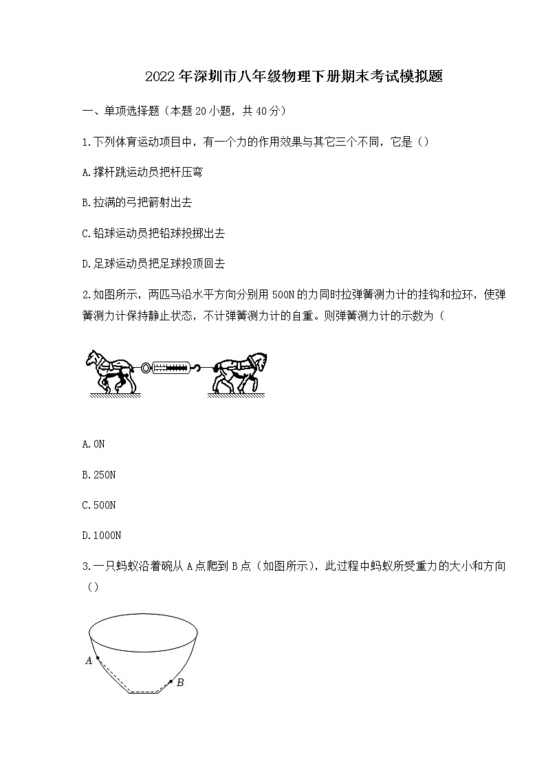 广东省深圳市2021-2022学年八年级下学期物理期末考试模拟题（无答案）第1页