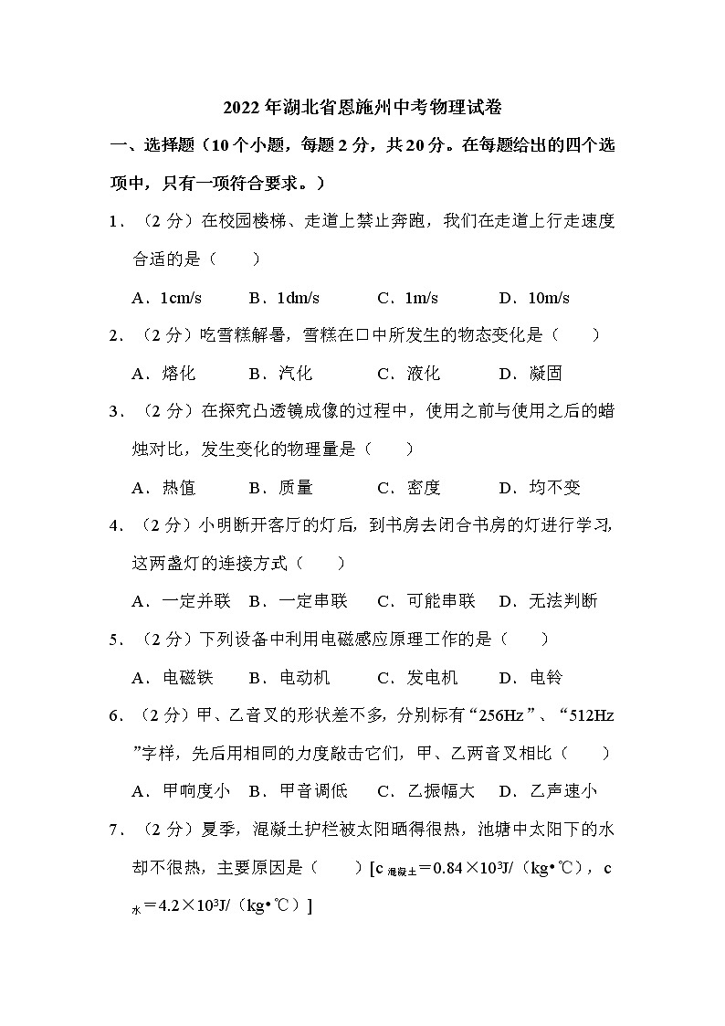 2022年湖北省恩施州中考物理试卷解析版01